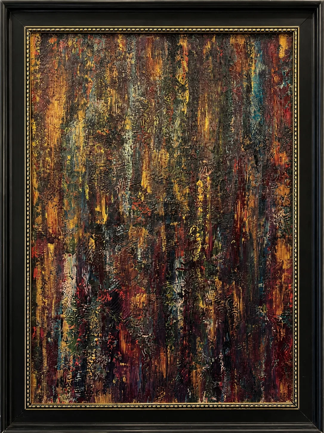 Embers Through the Rain, a burgundy and gold abstract painting.
