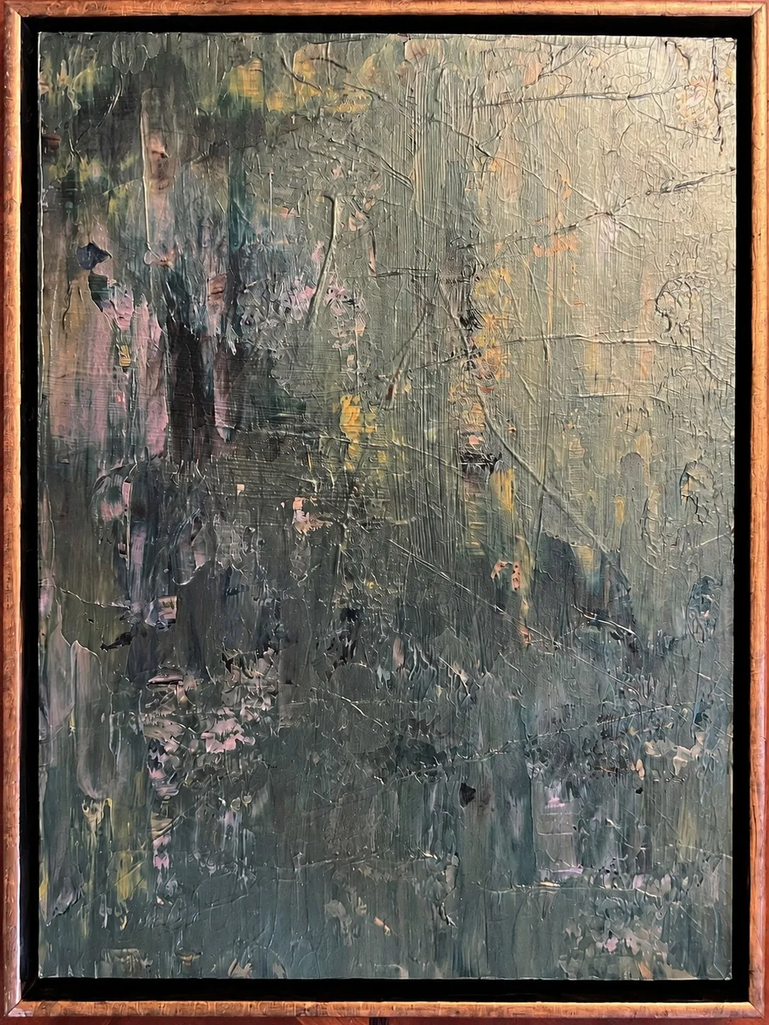 Into the Thick of It, a sage and charcoal abstract painting.
