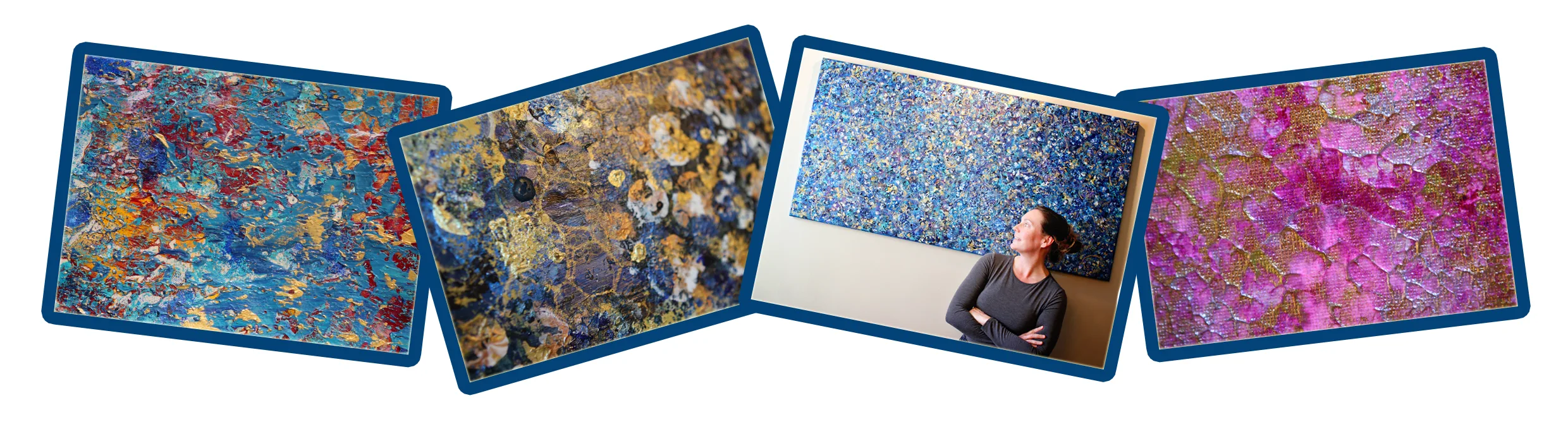 A collage of Kelly with her abstract paintings.