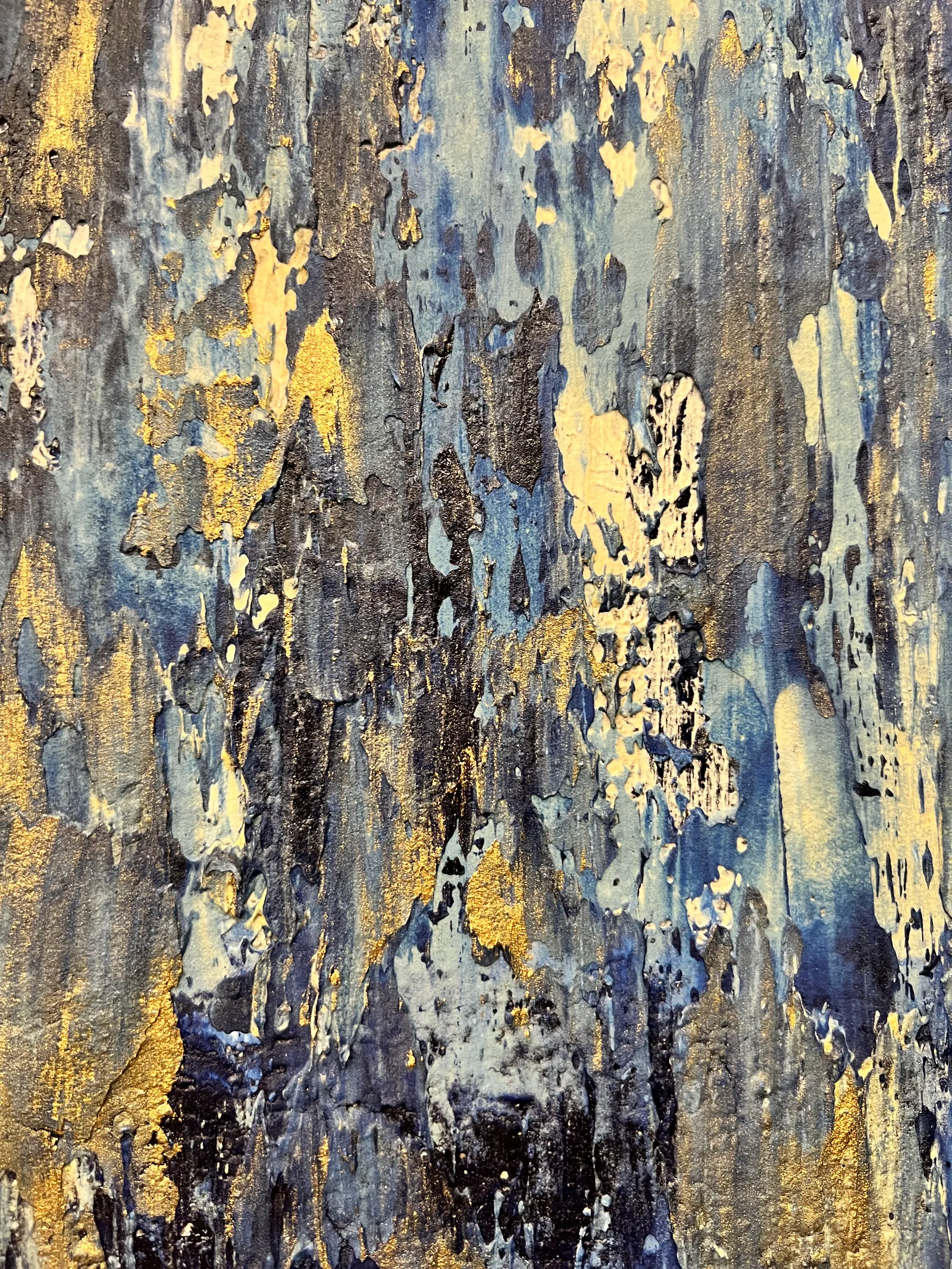 Close-up of the blue, white and gold layers in Let the Storm Rage.