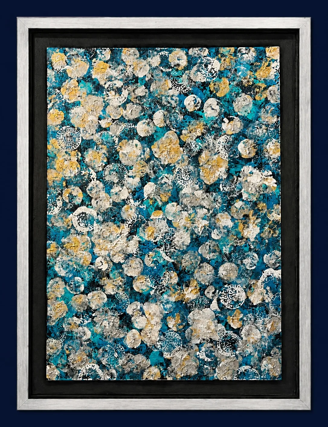 Midnight & Magnolias, a turquoise and black abstract painting.