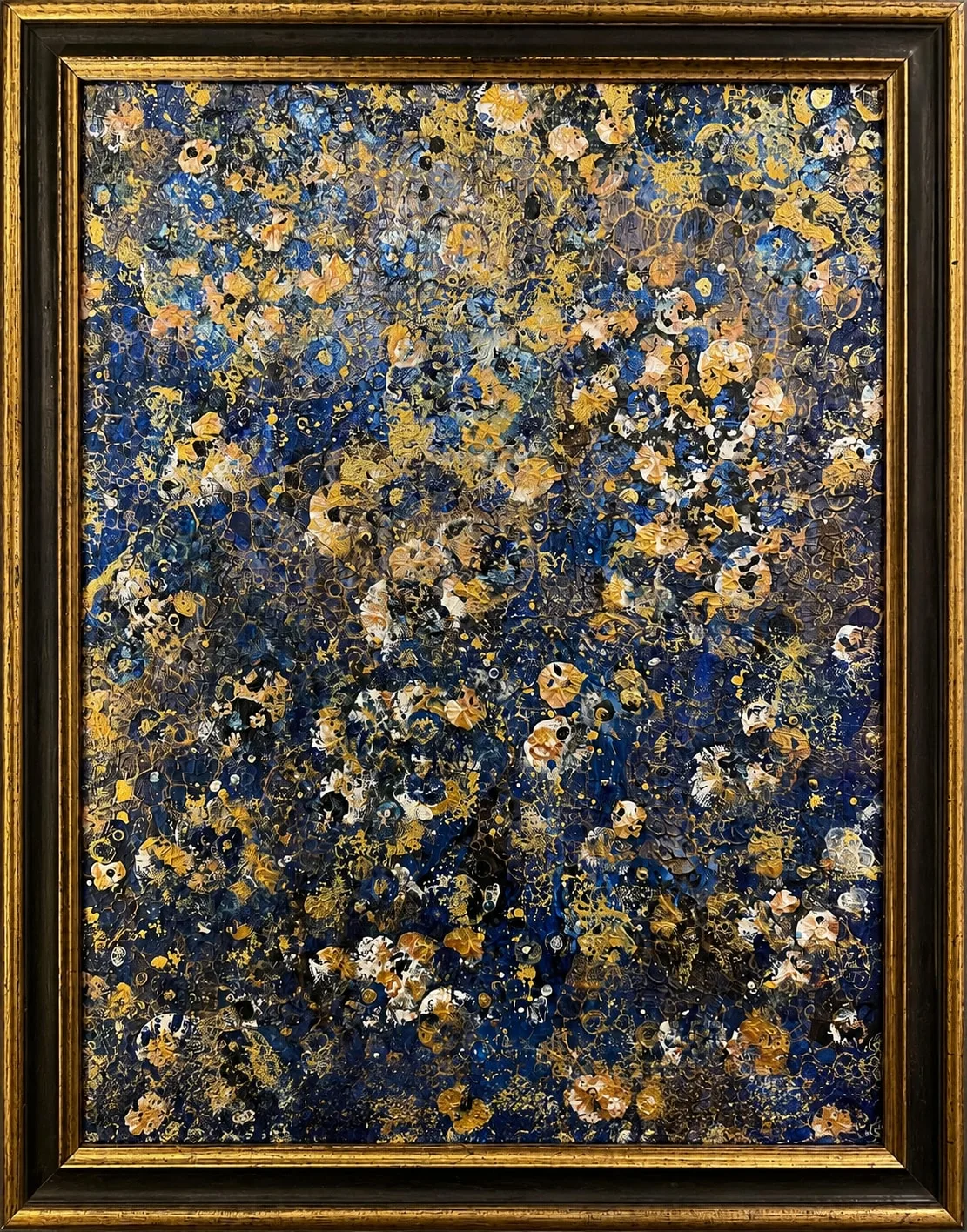 Orion’s Garden, an abstract painting in deep blue and gold.