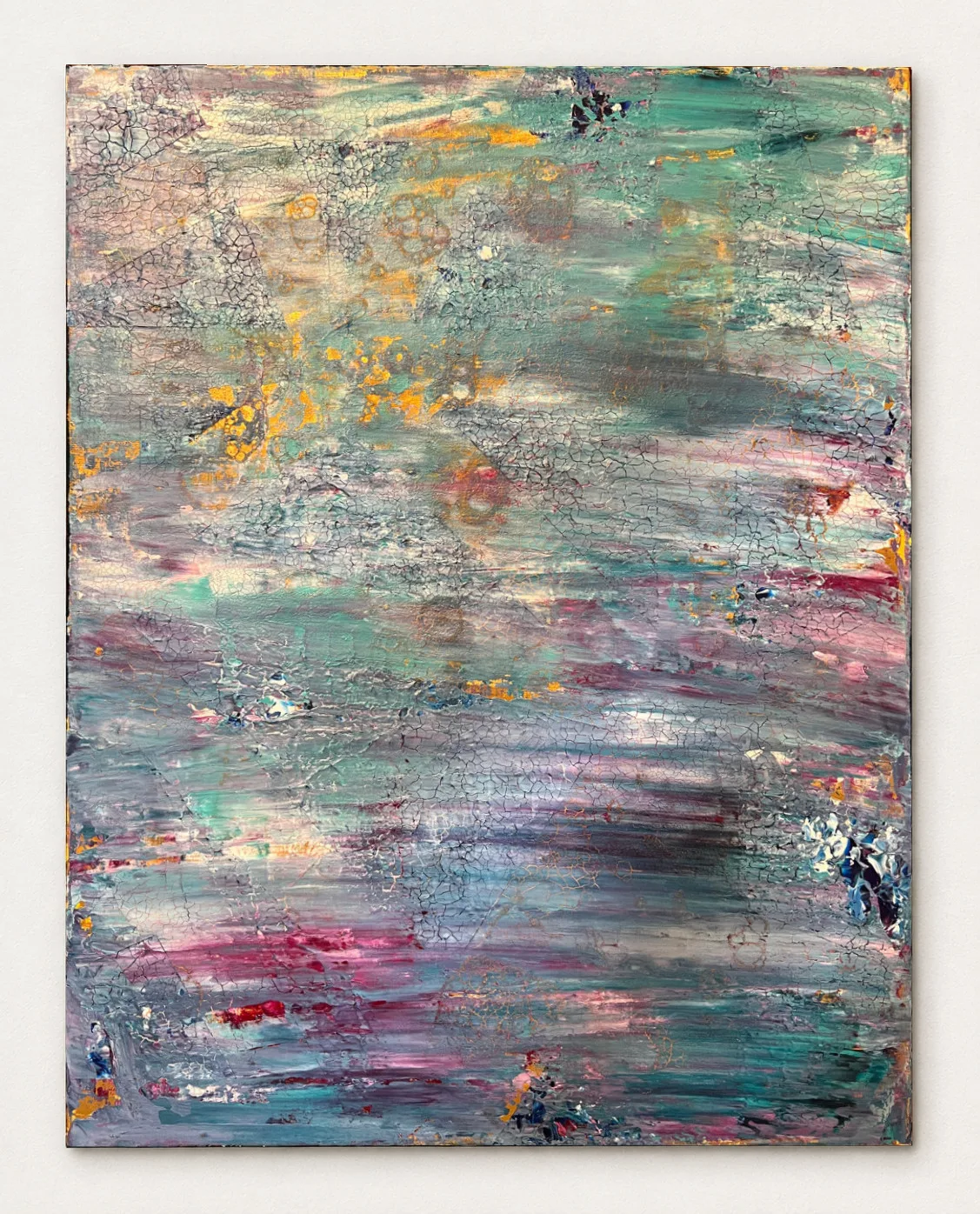 Tidal Reflections, an unframed turquoise and gold abstract painting.